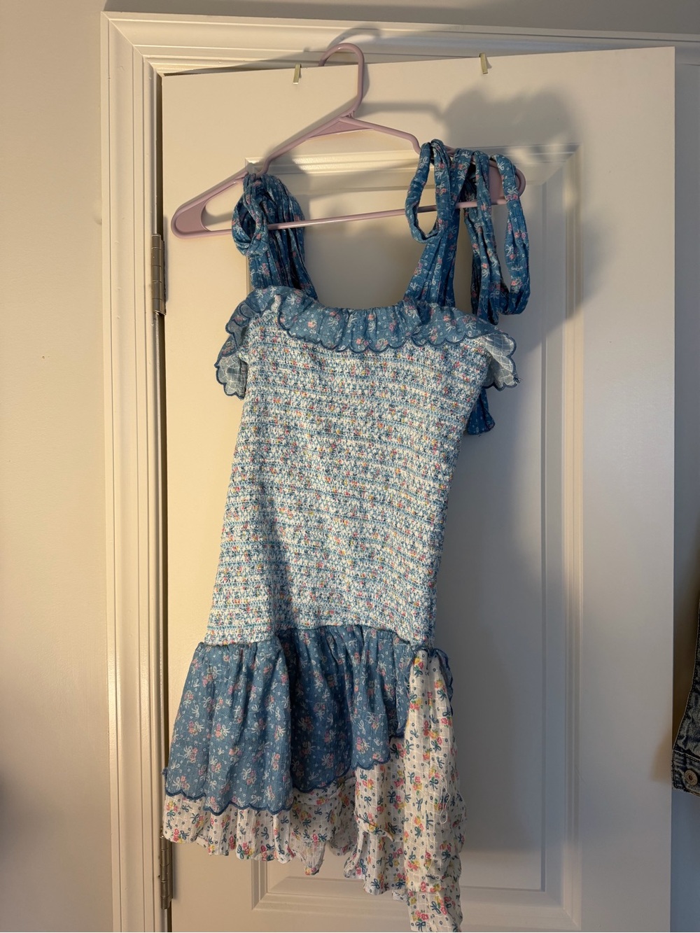 LoveShackFancy Aya Blue Floral Smocked Tie-Shoulder Dress